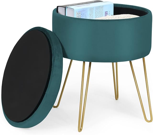 CASART 2-In-1 Storage Velvet Ottoman, Upholstered Vanity Round Footstool with Removable Cover, Bedroom Living Room Dressing Table Stool (Dark Green, 42 X 42 X 47cm)