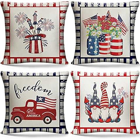 Patriotic Pillow Covers of 4th July Independence Day,18x18 Throw Pillow Covers Cases,American Flag Stars Gnomes Truck Watercolor Decor Linen Cushion,Outdoor Square Pillow for Farmhouse Home Waist Cover