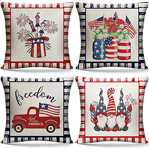 Patriotic Pillow Covers of 4th July Independence Day, 18x18 Throw Pillow Covers Cases, American Flag Stars Gnomes Truck Watercolor Home Decor, Outdoor Decorative Square Pillow for Garden Waist Cushion
