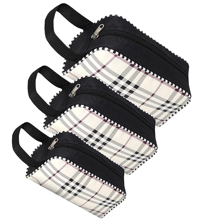 Set of 3 Difference Size Multipurpose Travel Pouch Toiletry Shaving Cosmetic Makeup Kit Zipper Stationary Case Pen/Pencil/Cosmetics Pouch (Black Checks)-image-23