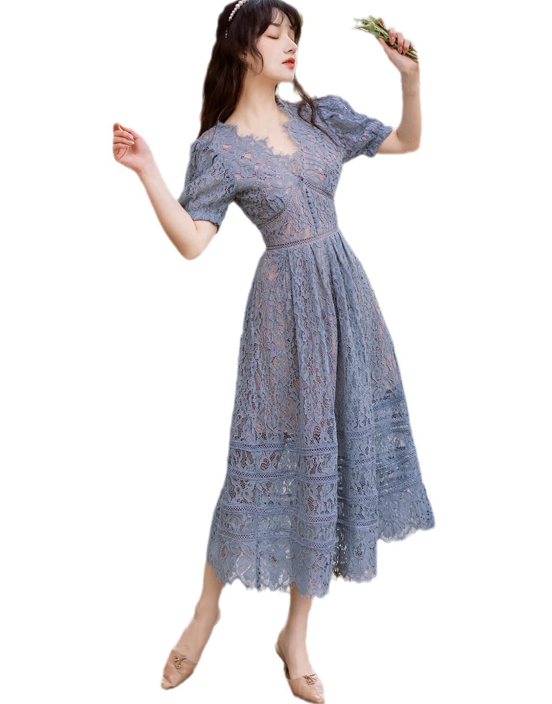 Dninmim Vestido largo de encaje con cuello en V profundo y manga corta con bordado floral para mujer, vestido largo de verano sexy de color sólido