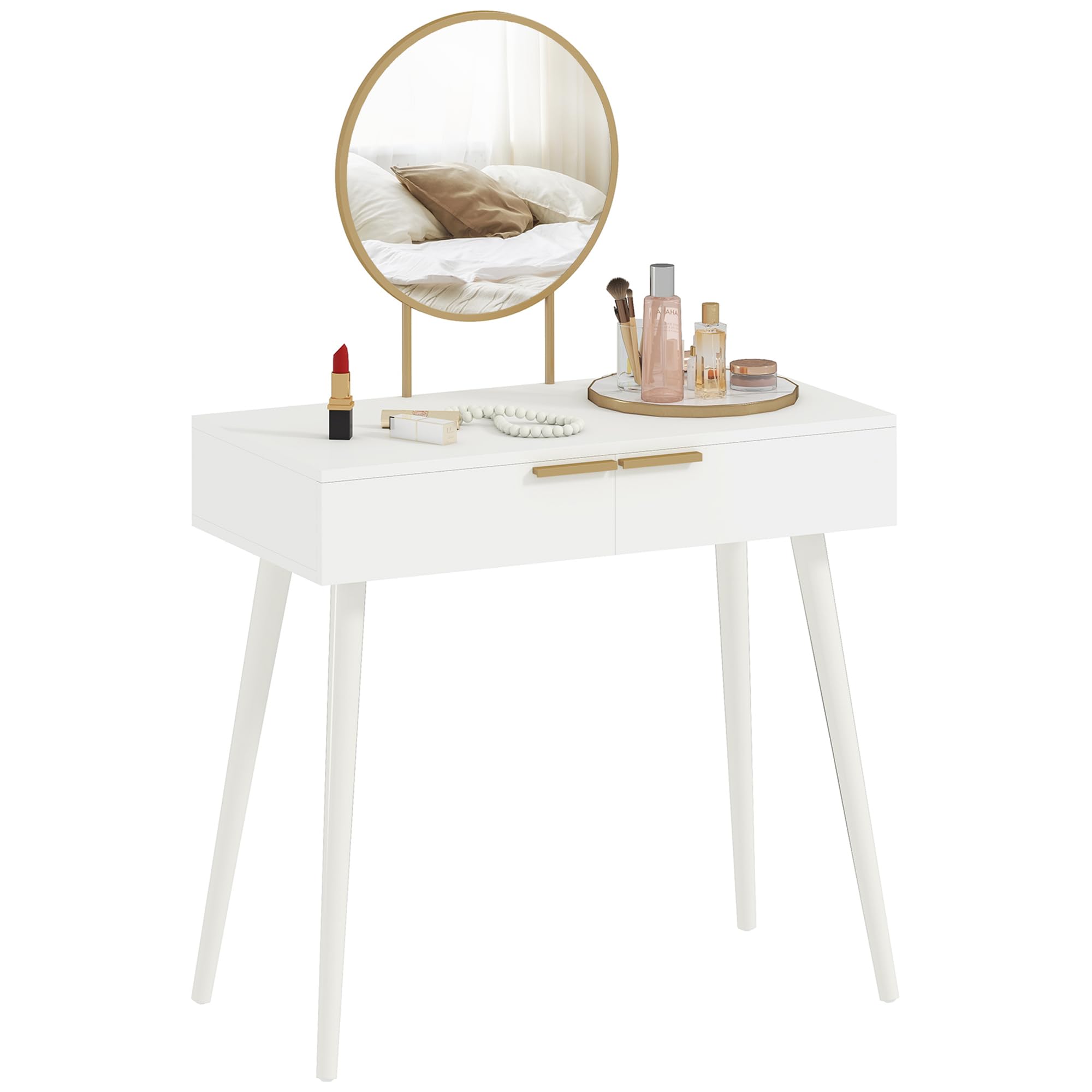HOMCOM Modern Dressing Table with Round Mirror, Makeup Vanity Table with 2 Drawers for Bedroom, Living Room, 80 x 40 x 123 cm, White โ image 1