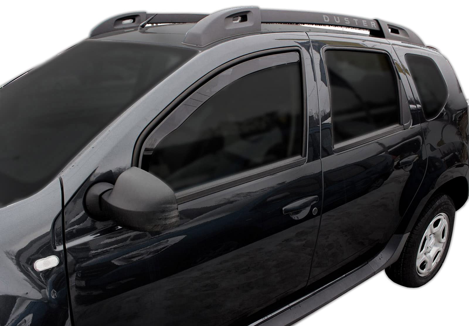 J&J AUTOMOTIVE GP Deflettori d'Aria per Dacia Duster 2010-2017, Set da 2 Pezzi, Antiturbo Antivento Antipioggia, Anteriore Nero Fumé Oscurato