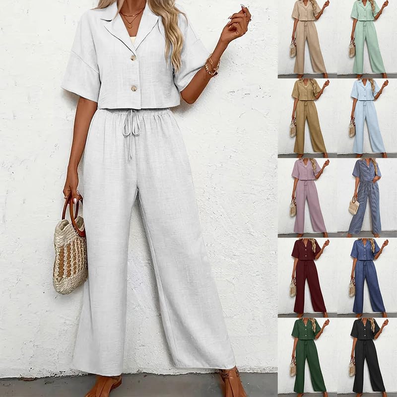 Ensemble pour Femme Décontracté 2 Pieces Col à Revers Chemise + Taille Elastique Pantalon avec Cordon de Serrage Couleur Unie Set Été