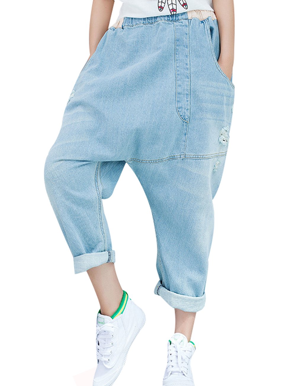 Youlee Women's Summer Patchwork Harem Trousers Destroyed Jeans Wide Leg Jeans Light Blue