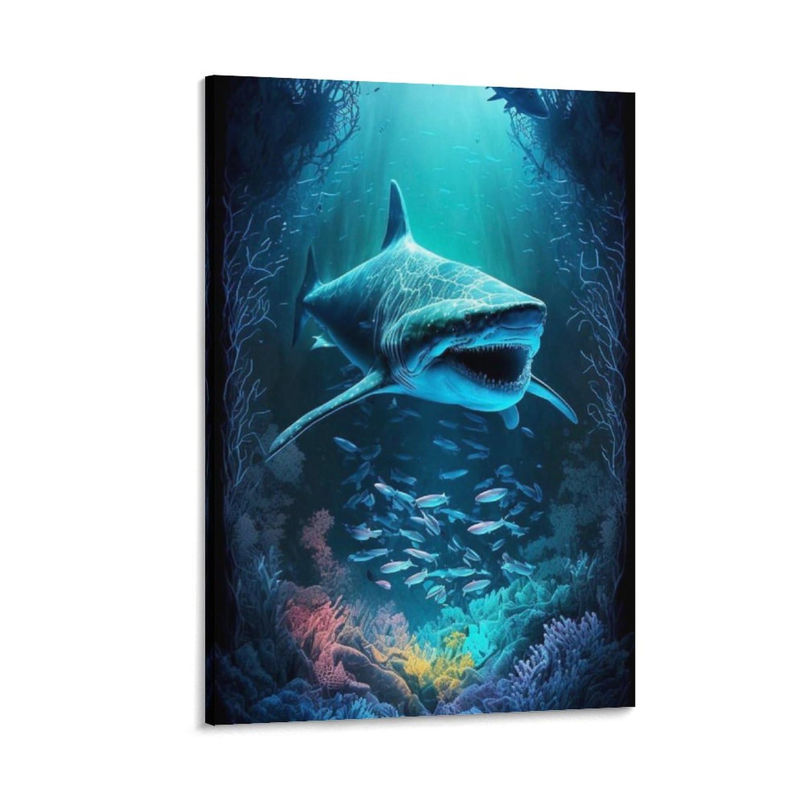 Amazon.co.jp: 絵画 海の中のサメインテリア 絵画 現実的なファンタジーアートスタイルアートパネル 壁の絵 ポスター 壁掛け ソファの背景  絵画 玄関 壁飾り 絵画 木枠付きの完成品 30x45cm : ホーム＆キッチン 絵画 海の中のクラゲインテリア 絵画 シュールな動物 ..., image size:1600x1600