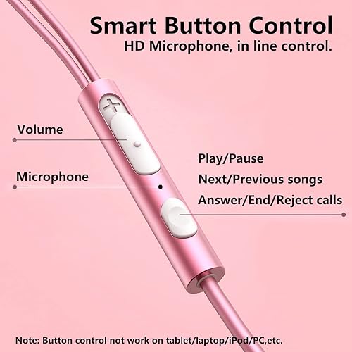 Miniatura 5 de Auriculares de oro rosa, auriculares rosa para niñas con micrófono, control de volumen en auriculares de 0.138 in para teléfonos inteligentes Mp3