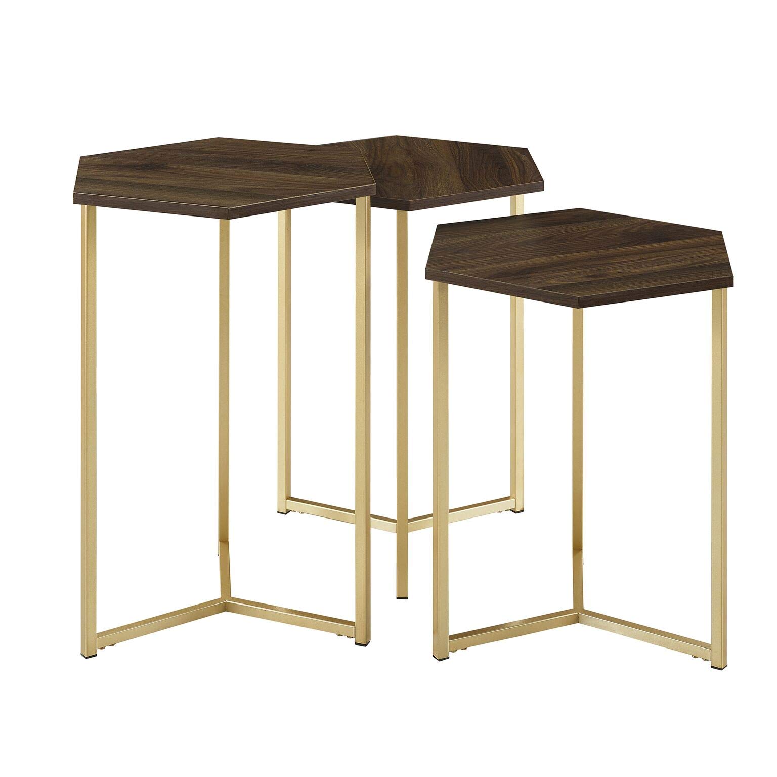 Walker EdisonModern Hexagon Nesting Side End Table Set Living Room Storage Small End Table, Set Of 3, Dark Walnut and Gold