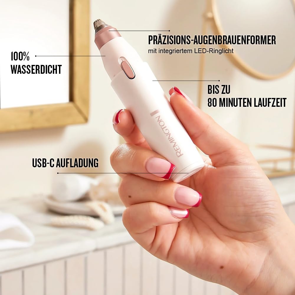 Remington Gesichtshaarentferner [2-in-1: Elektrischer Gesichtshaar Rasierer & Augenbrauentrimmer] BareMe (Haarentfernung Oberlippe,Kinn & Wangen,Wasserfest,LED-Licht,USB-C,Bürste,Schutzkappe) WFS200