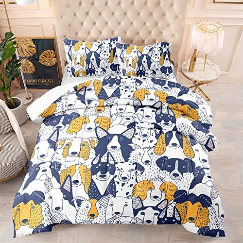 Cartoon Dog Comforter Queen Size, Dogs Comforter Set for Kids Teens Girls Boys, 3Pcs Bedding Set Printed Comforter with 2 Pillowcases, Soft and Lightweight, Queen Size