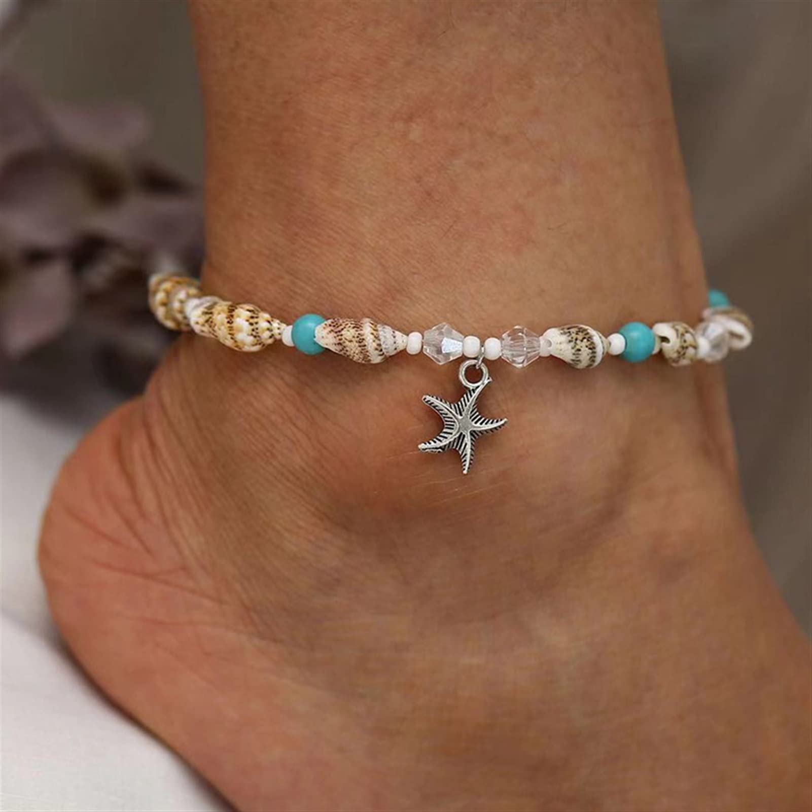 LNNSHX Tobilleras Joyería Concha Tobillera Cuentas De Arroz Perla Cristal Océano Estrella De Mar Tobillera Señora Joyería Tobilleras Ajustables Pulseras
