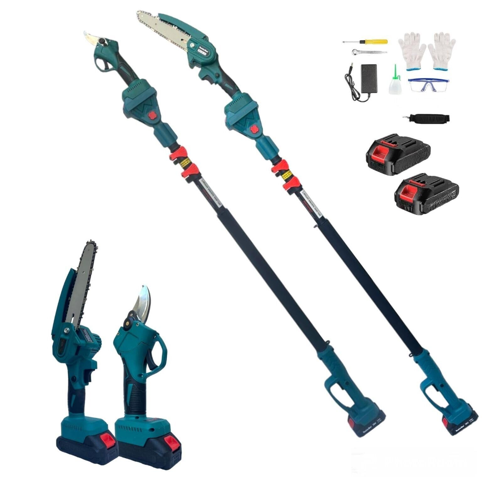 Kit Potatura Elettrico con Asta Telescopica Allungabile, Mini Elettrosega a Batteria 6" (15cm) + Cesoia per Potare Professionale Lama 2,5cm, Forbici da Potatura per Giardino e Agricoltura