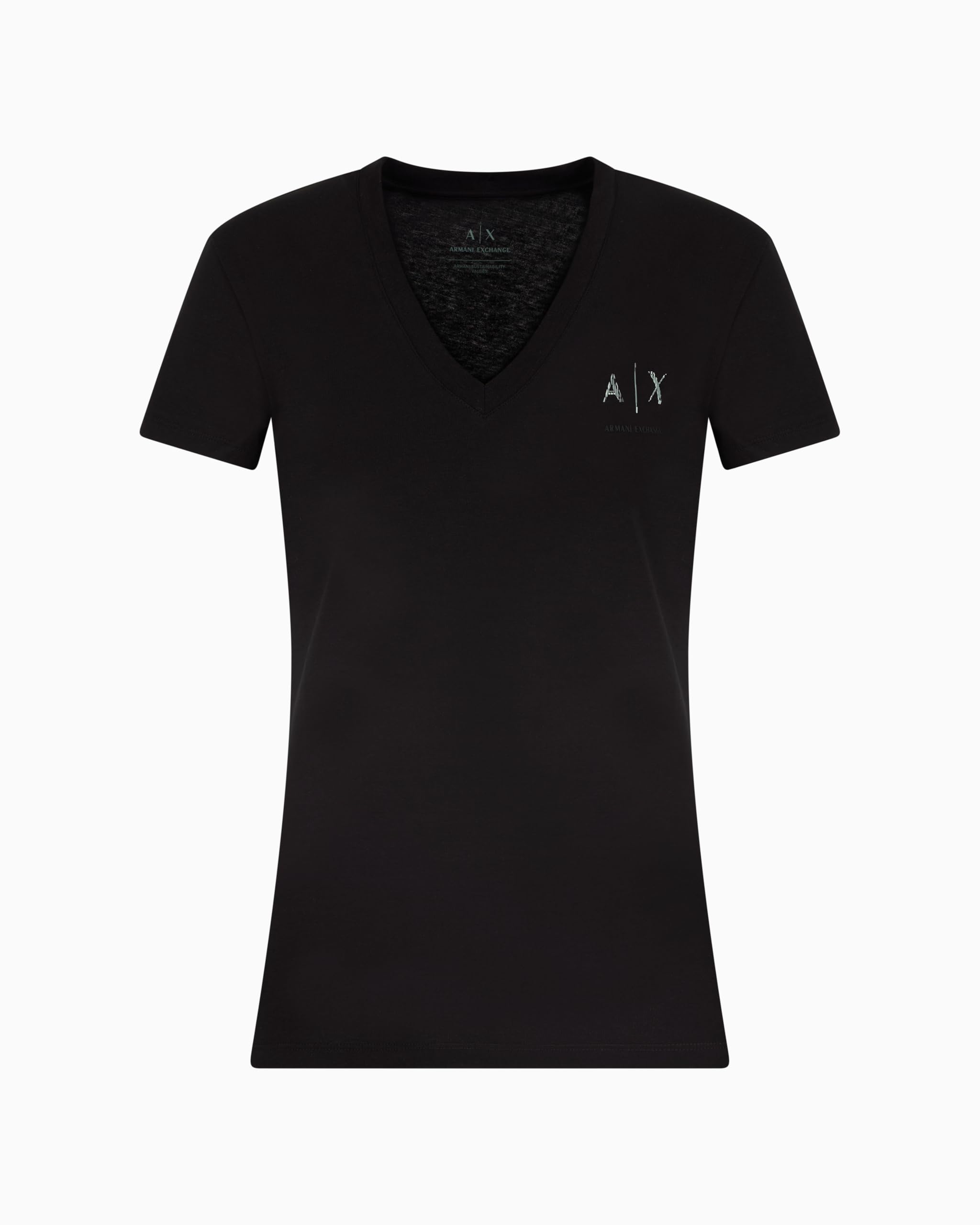 Armani Exchange Women's Arte Sella, Shiny Logo, V Neck,Slim Fit,Black,S