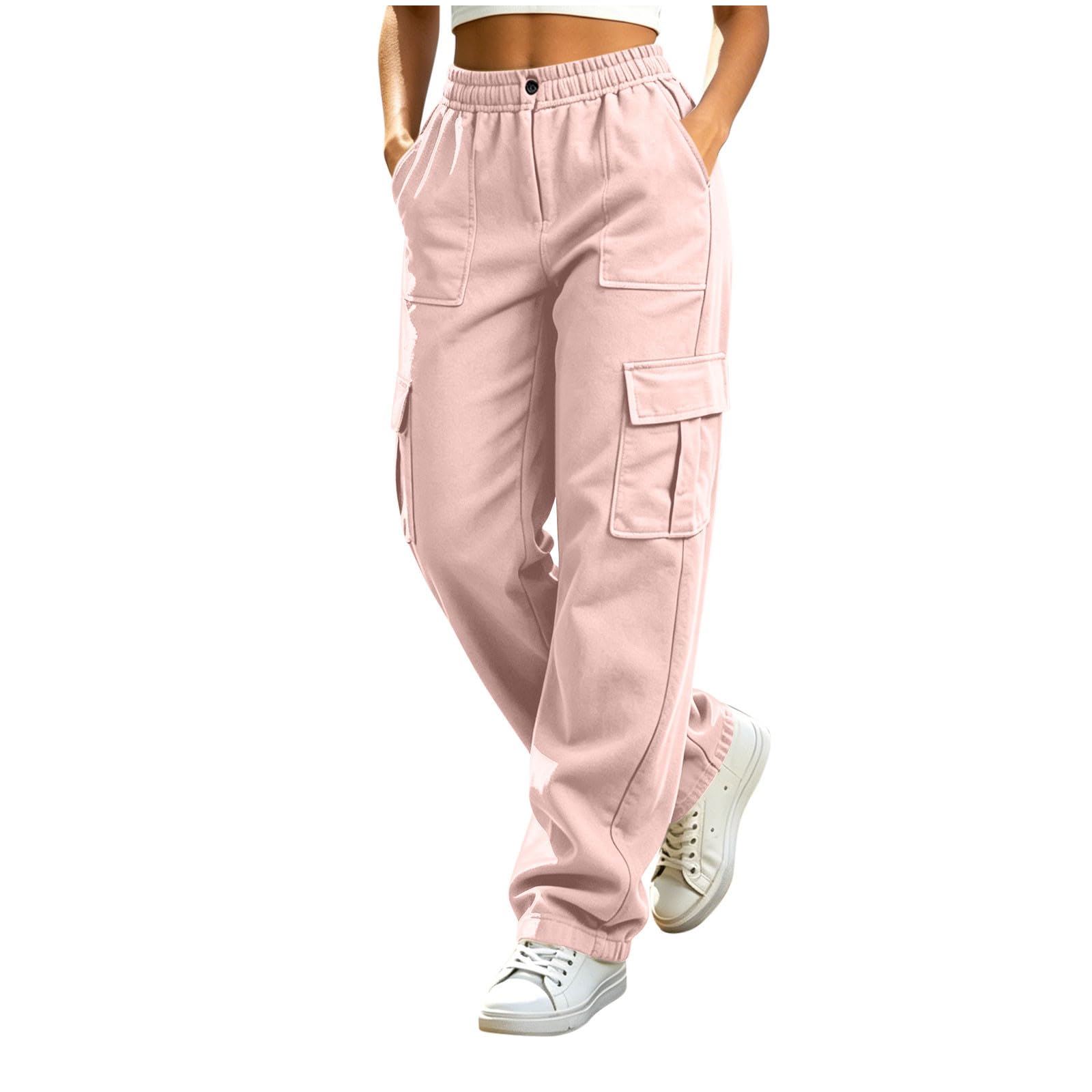 Cargo Baggy Hose Damen Elastisch High Waist Stoffhose Freizeithosen Mit 4 Taschen Lang Jogginghose Sporthose Mit Elastischer Bund LäSsige Sweatpants Cargohose Trousers FüR Frauen Gym Yoga Laufen