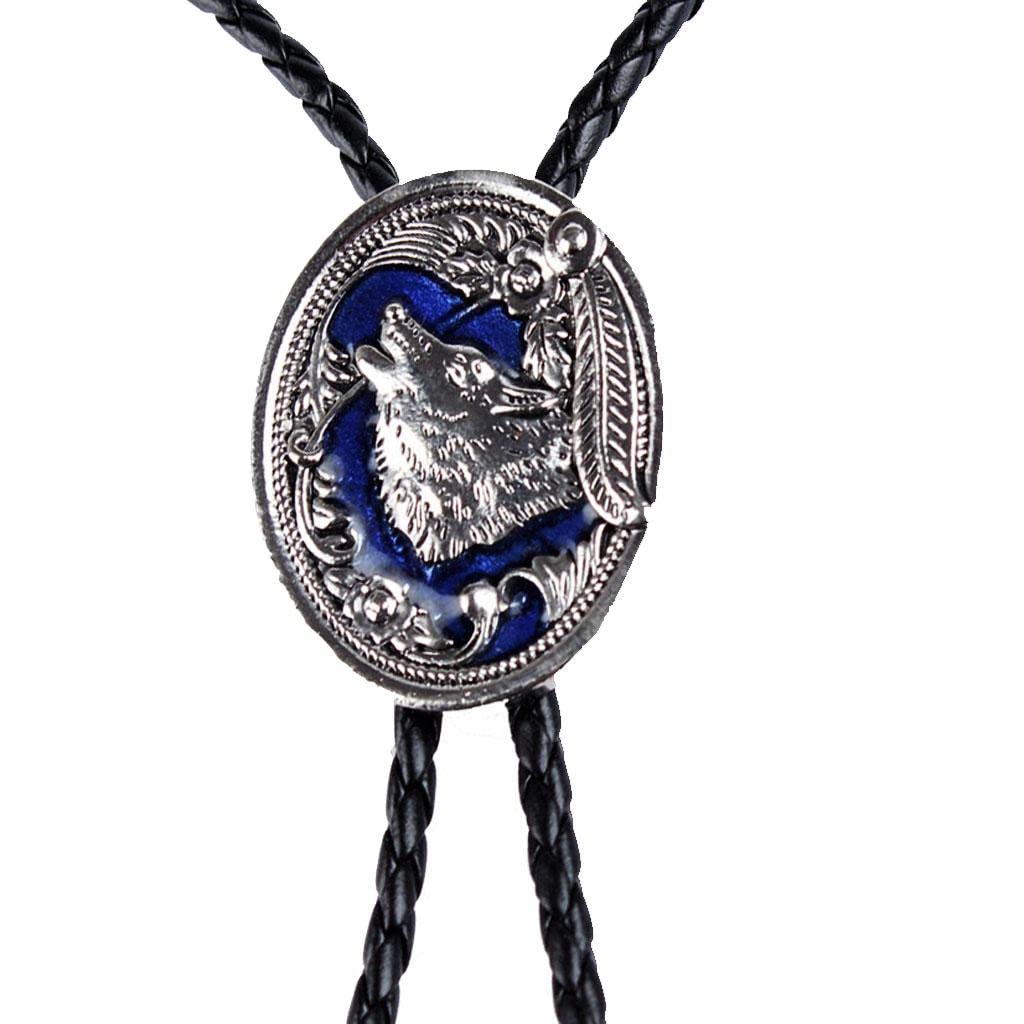 MYADDICTIONExquisite Embossed Silver Wolf Head Blue Enamel Bolo Vintage Leather NeckTie Jewelry & Watches | Mens Jewelry | Bolo Ties