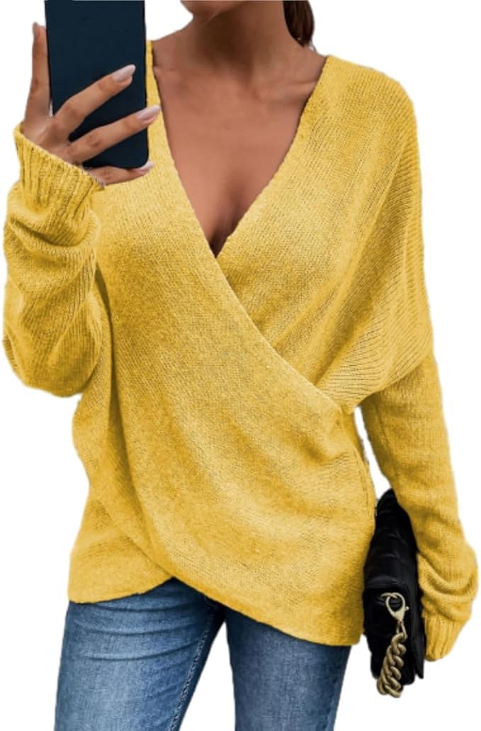 Women's V-Neck Crisscross Sweater Oversized Long Sleeve Cross Wrap Knit Pullover Top Fall Fashion Cute Sweaters