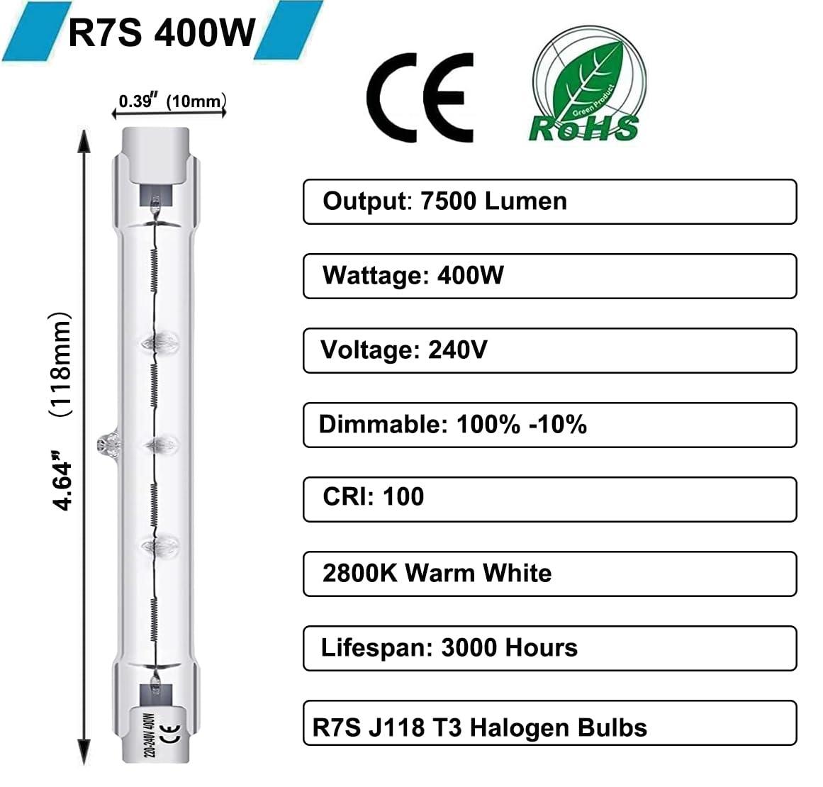 Vinaco J118 R7S Bulb 400W, 5 Pack R7S Halogen Bulb 118MM 400W Dimmable with 2800K Warm White - Image 2