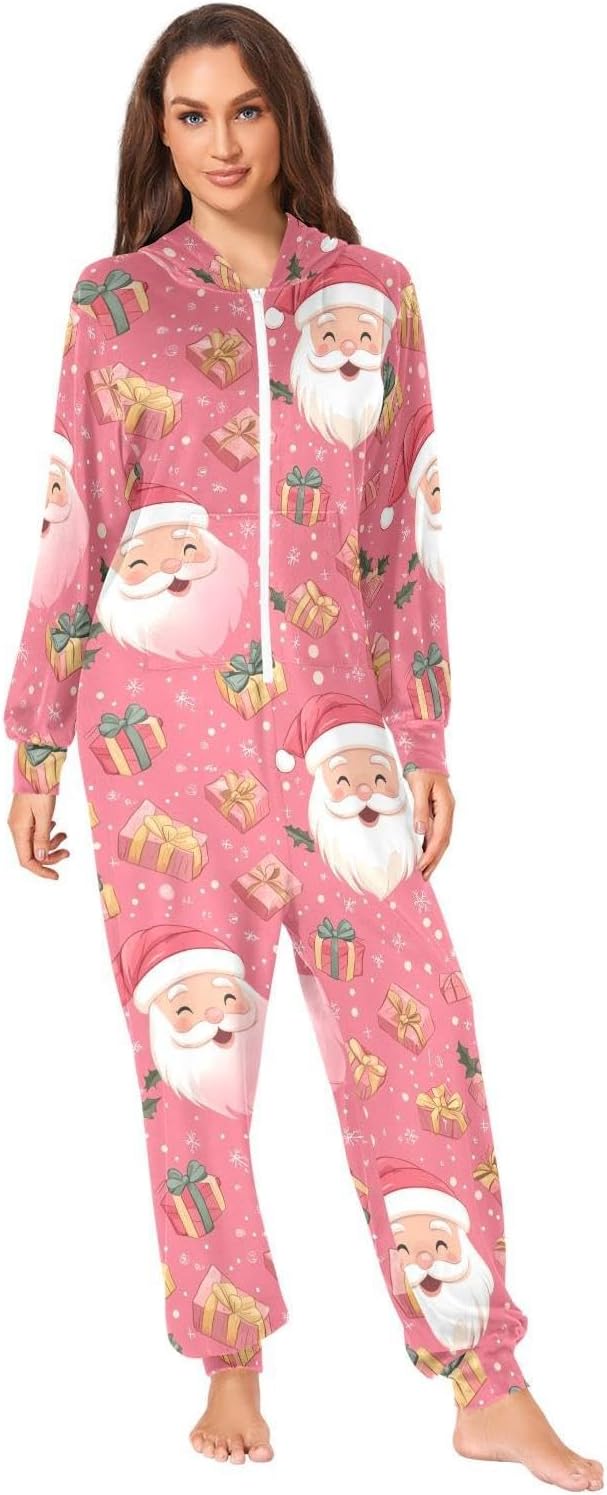 ZZKKO Pink Santa Claus and Gift Adult Onesie Pajamas for Women Men Cozy One Piece Pajamas Costume Zip-Up Hooded S-XL
