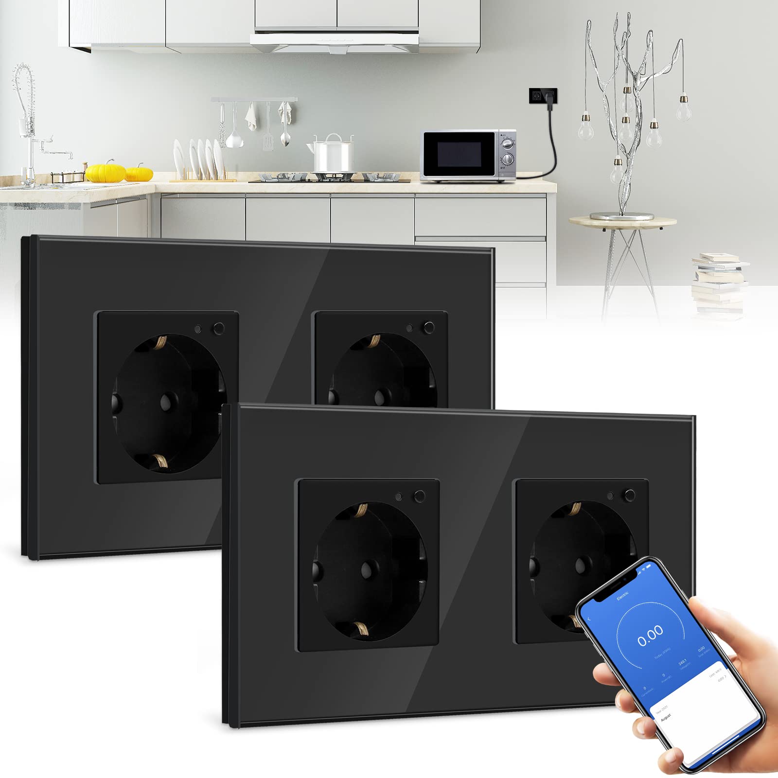 BSEED BSEED Enchufe Doble de Pared WiFi con monitor de consumo de energía,Negro Schuko Enchufe inteligente Compatible con Alexa y Google Home,Control de APP y Función de Temporizador -2 Paquete