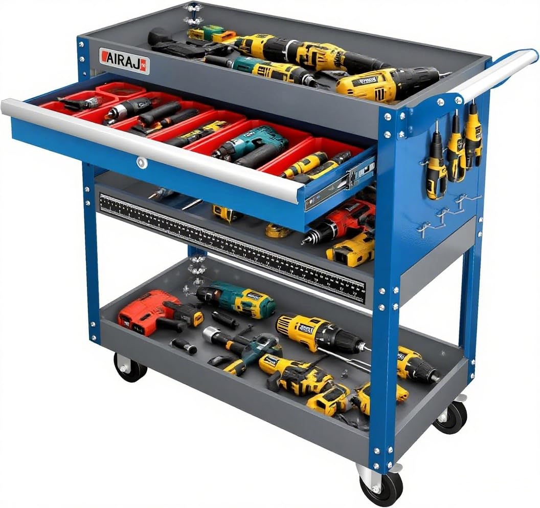 Heavy Duty Tool Trolley, 78 * 35 * 70cm Metal Cart with Large Lockable Drawer and Rack, Work Trolley for Transporting Heavy Equipment, Load Capacity 200KG