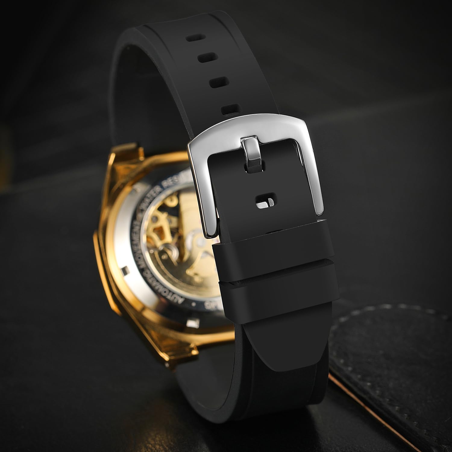 Reloj mecánico automático esqueleto para hombre con manecillas luminosas, correa de silicona negra, caja octogonal