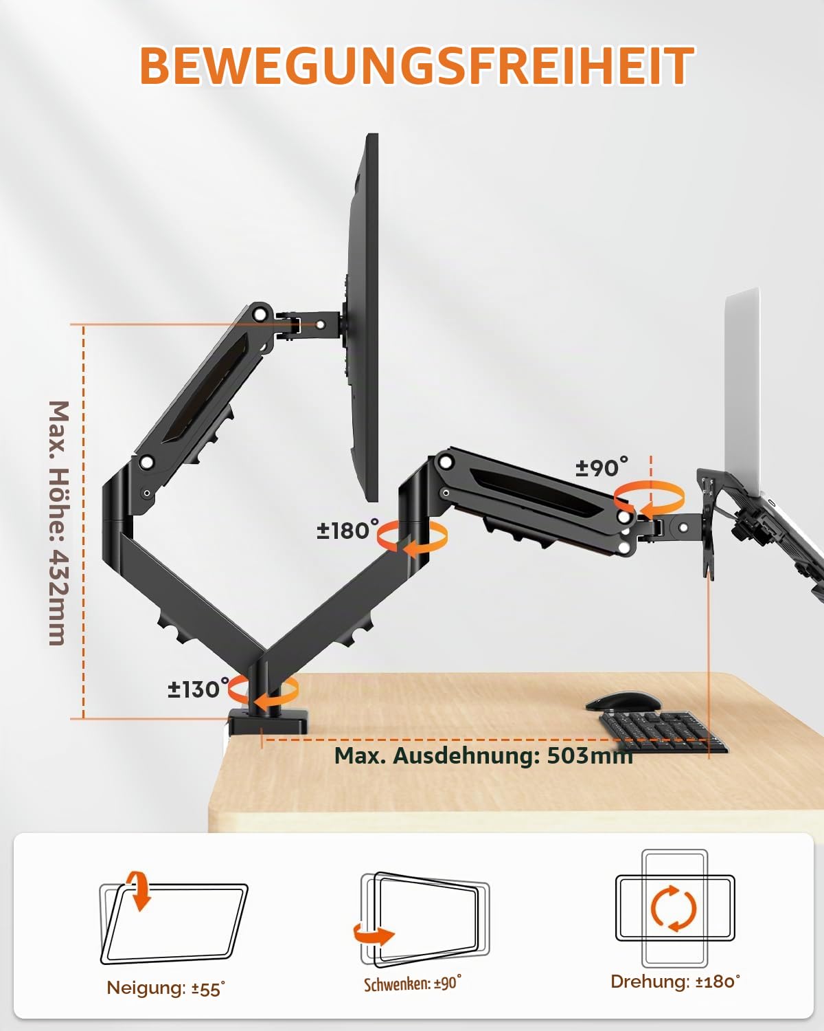 Monitor Halterung mit Laptop Arm für 32 Zoll Bildschirm bis zu 17" Notebook
