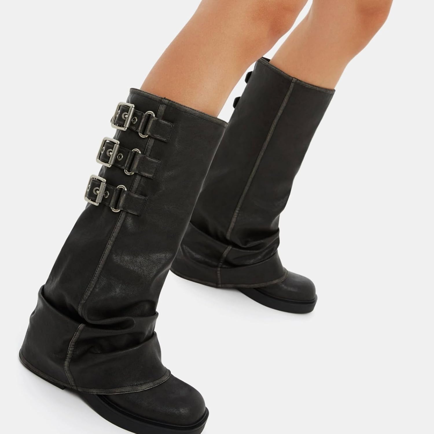 Fold Over Knee High Boots for Women Slouchy Chunky Goth Platform Boot Wide Calf Round Toe Pull On Riding Low Heel Platform Shoes with Buckle