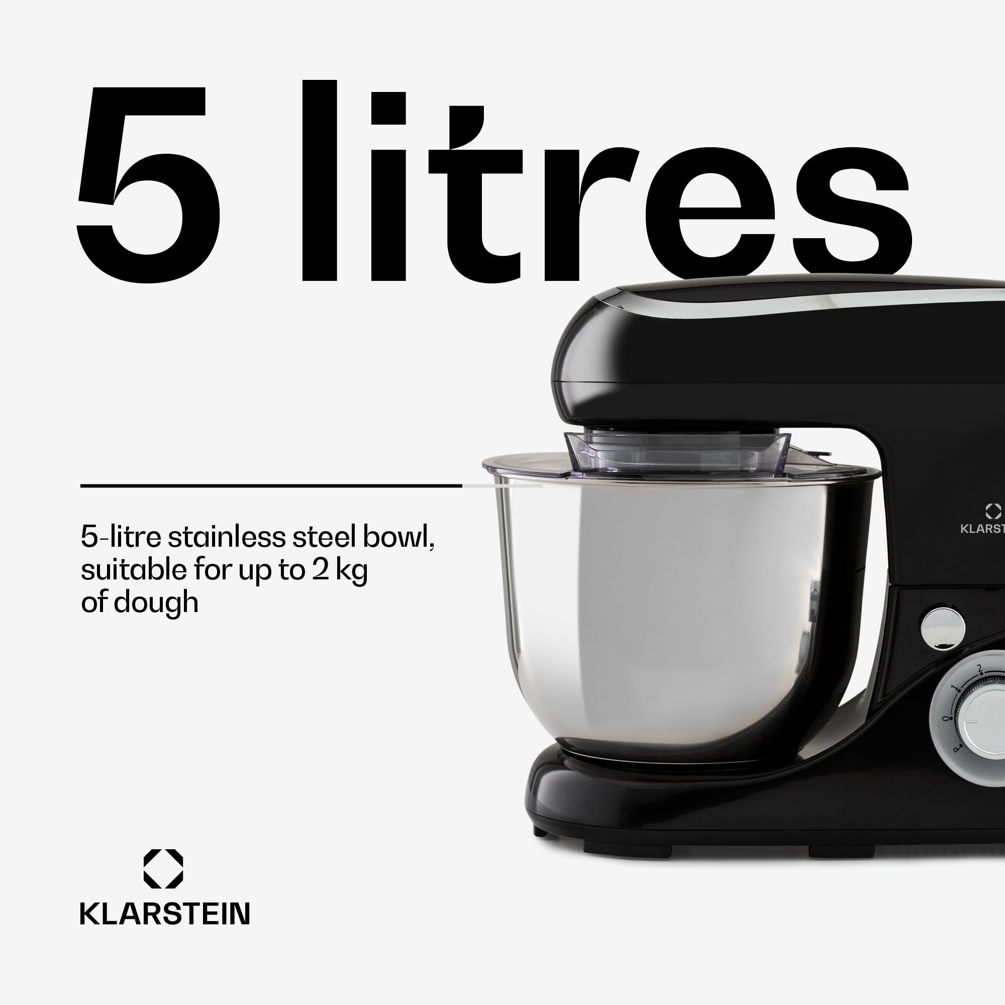 Klarstein Robot kuchenny do pieczenia, 1300W maszyna do ciasta Mała, 6 biegów, Trzepaczka, hak do mieszania i ugniatania, Misa 5L, Mieszanie planetarne, Mikser z blenderem, Robot do ciasta na chleb