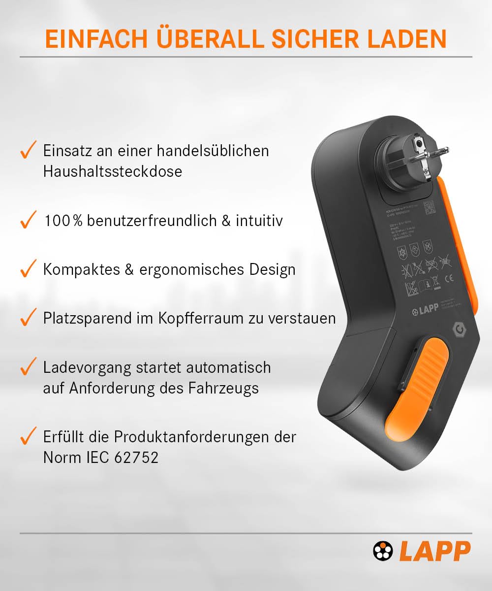 Lapp Mobility Dock/Mobiles EV Ladegerät für die Haushaltssteckdose/Notladegerät für E-Autos/Tragbares E-Auto Ladegerät für Unterwegs/Ladegerät für Elektro- und Plug-in / IP44 – Bild 6