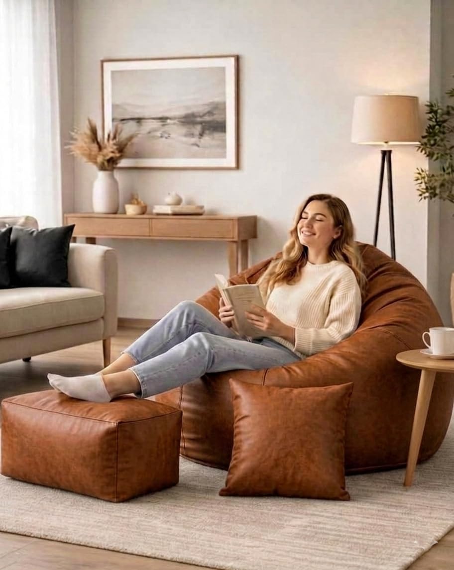 LEXAVI Brand®- 7XL Jumbo Large Bean Bag Chair Cover with Footrest & Cushion Cover| Canadian Faux Leatherette |Gaming Seat| for Lounge, Bedroom & Living Room Furniture| Without Beans - (TAN)-image-4