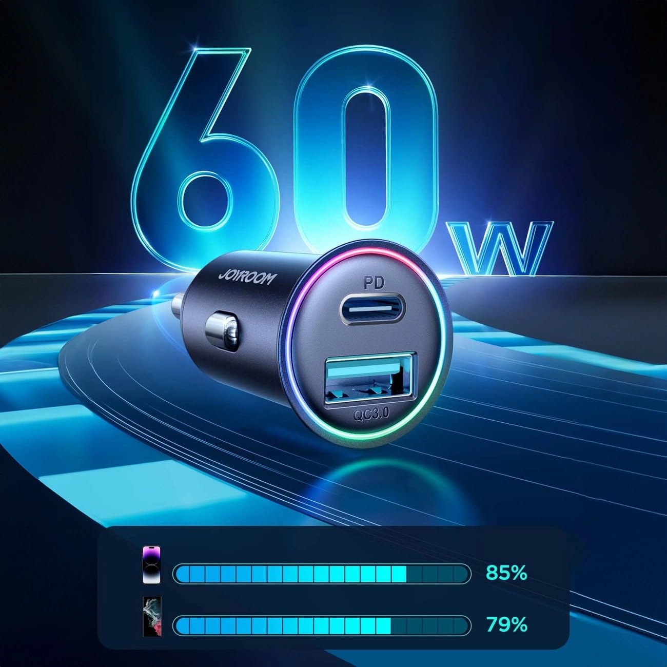 Joyroom Caricabatteria da auto Mini Caricatore rapido USB-C e USB-A 60W con indicatore LED Nero