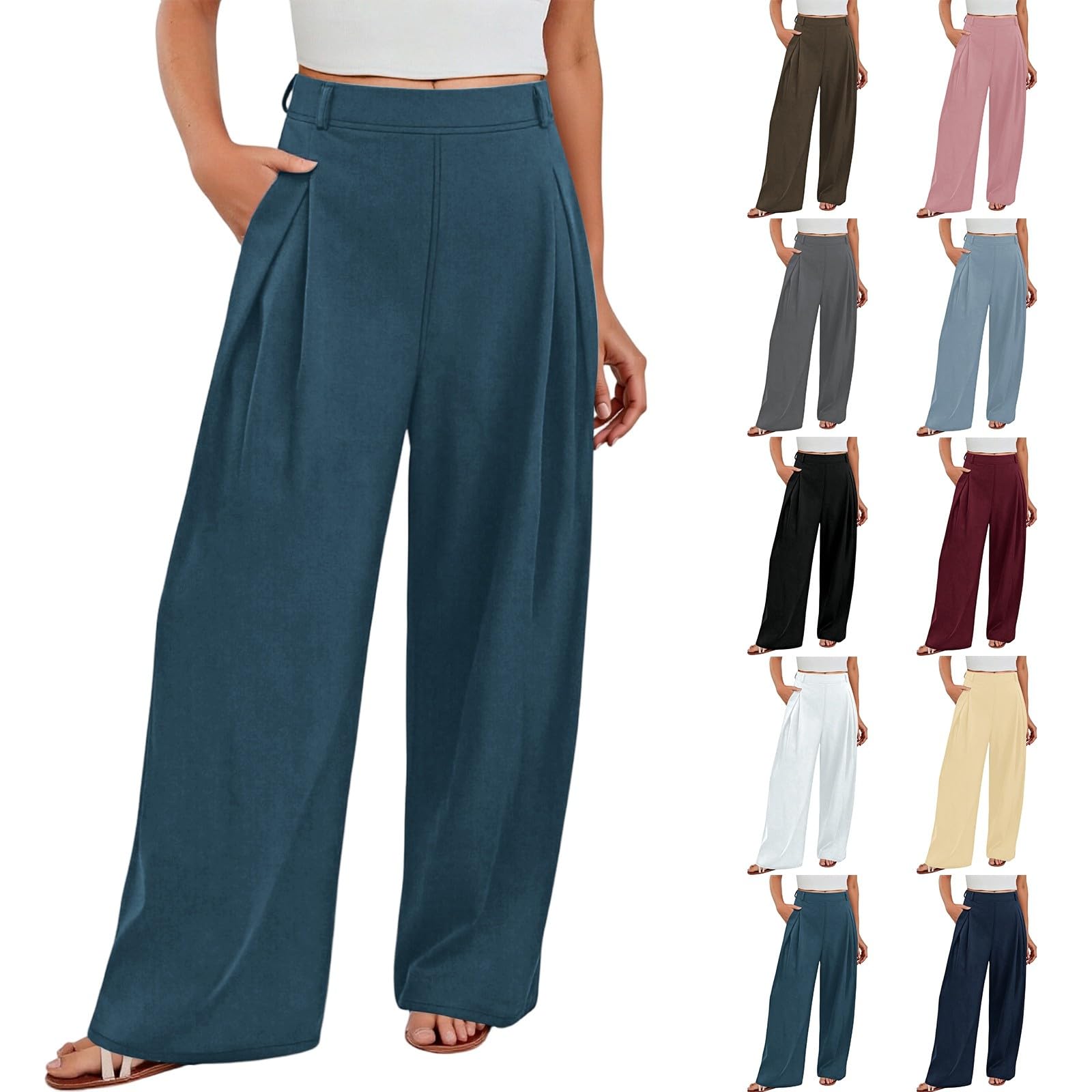 Wide Leg Work Pants for Women 2025 High Waisted Business Casual Work Trousers Stretchy Office Pants with Pockets