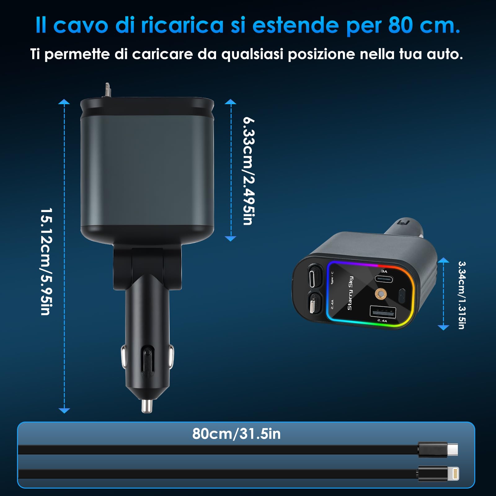 Caricatore Auto Accendisigari 66W, Caricatore Auto Retrattile USB C 4 in 1 Con Cavo Estensibile, Carica Batteria Per Auto Cellulare Compatibile Con i Phone 16/15/14/13 e Sam-sung S25/S24/S23