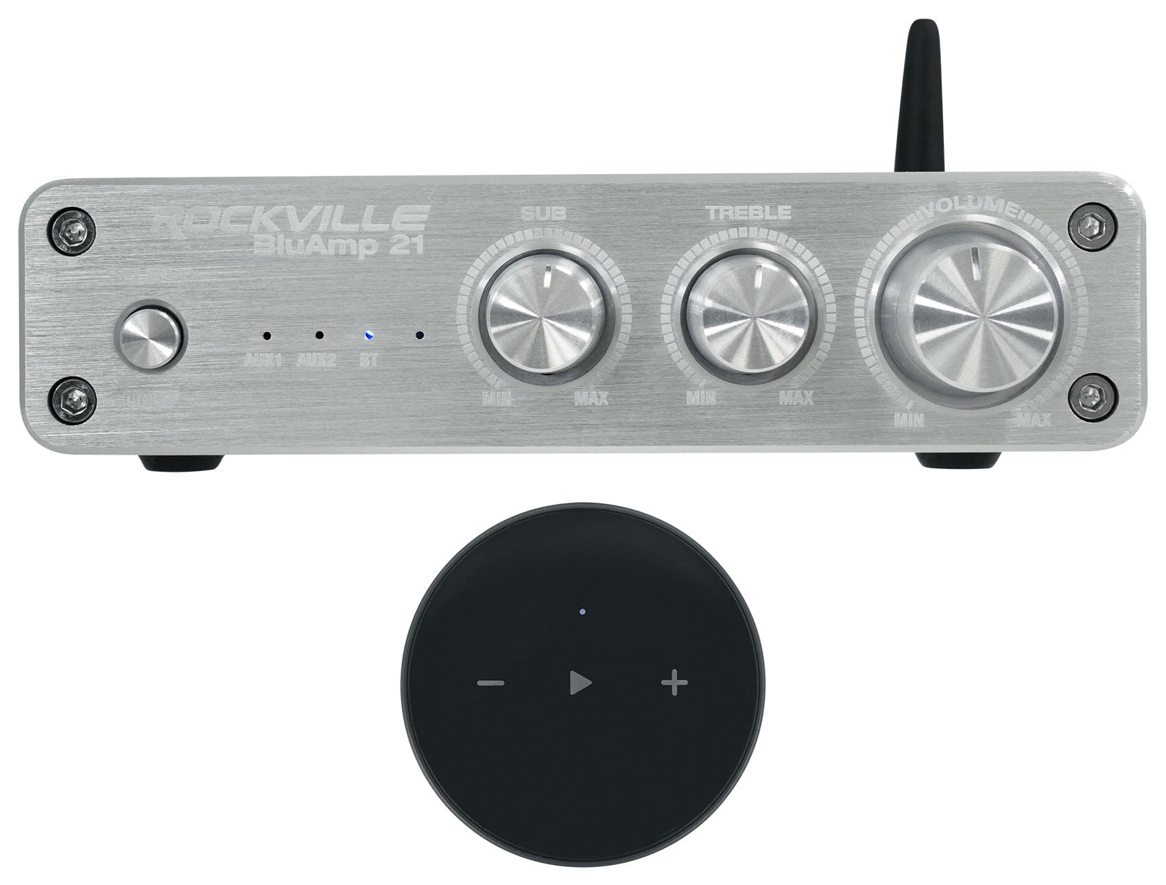 (1) Rockville BLUAMP 21 Silver 2.1 Channel Bluetooth Home Audio Amplifier Receiver Bundle with (1) Rockville Mini WiFi Music Player Wireless Audio Streaming Multiroom Stereo Receiver (2 Items)
