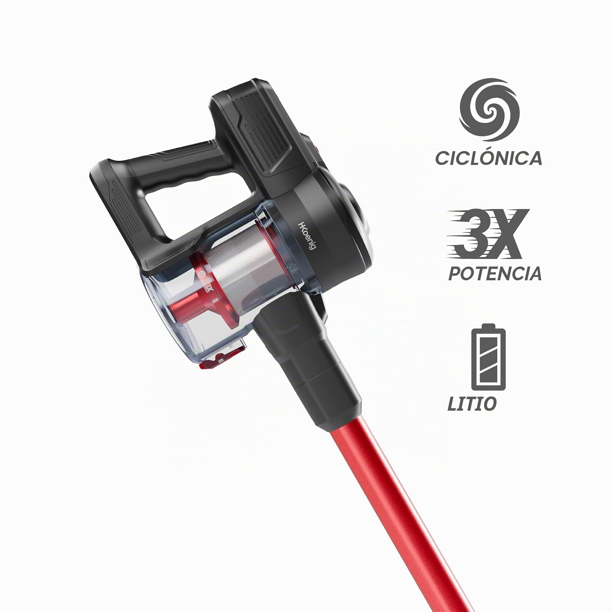 H.Koenig Aspirador Sin Bolsa Sin Cable 22.2v 2 en 1 UP600 PowerClean - Potente - Compacto - Ligero - Silencioso - Mascotas - Cepillo Turbo - Batería de Litio Recargable