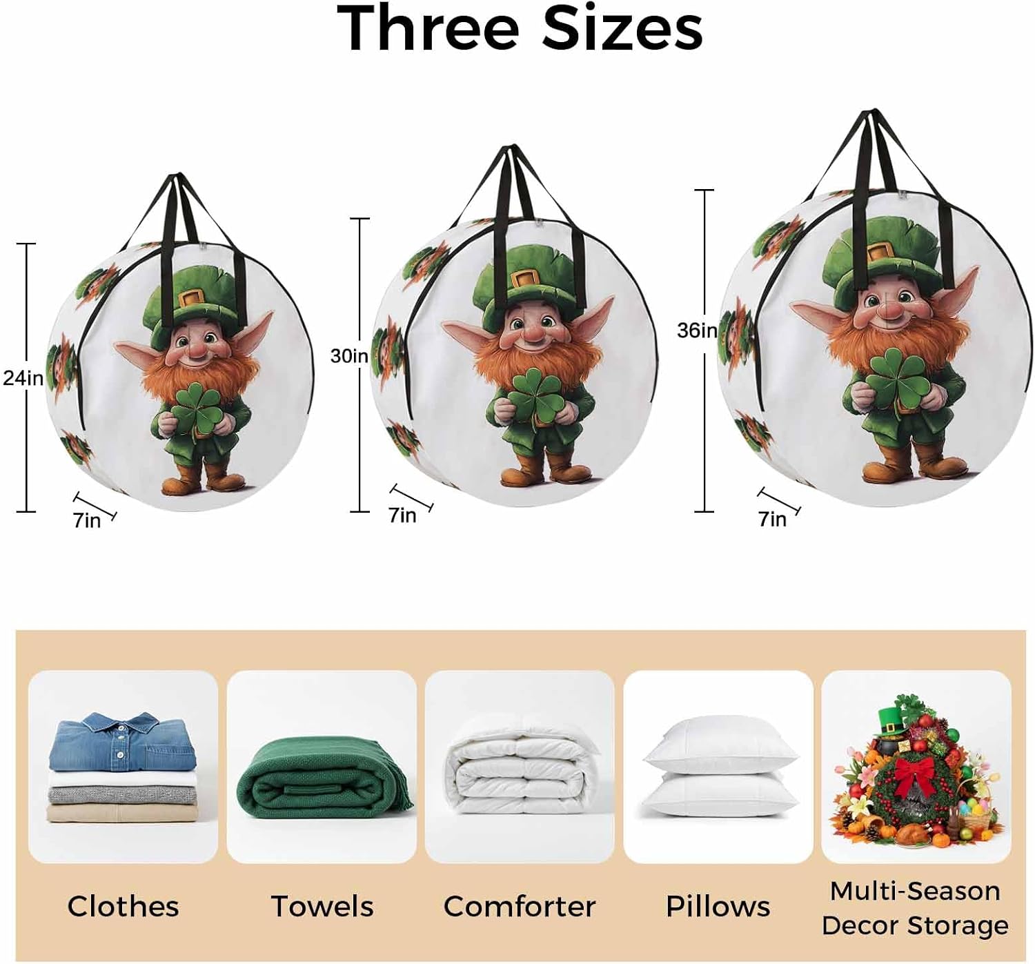 St. Patrick's Day Round Storage Bag 36 Inch, Cartoon Gnome Lucky Shamrock Clothes Storage Container with Handles Heavy Duty Organizer for Comforter, Bedding & Holiday Wreaths