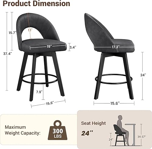 Miniatura 2 de Juego de 2 taburetes de bar de 24 pulgadas de altura de mostrador, modernos taburetes de bar giratorios con respaldo curvado ergonómico, asiento de