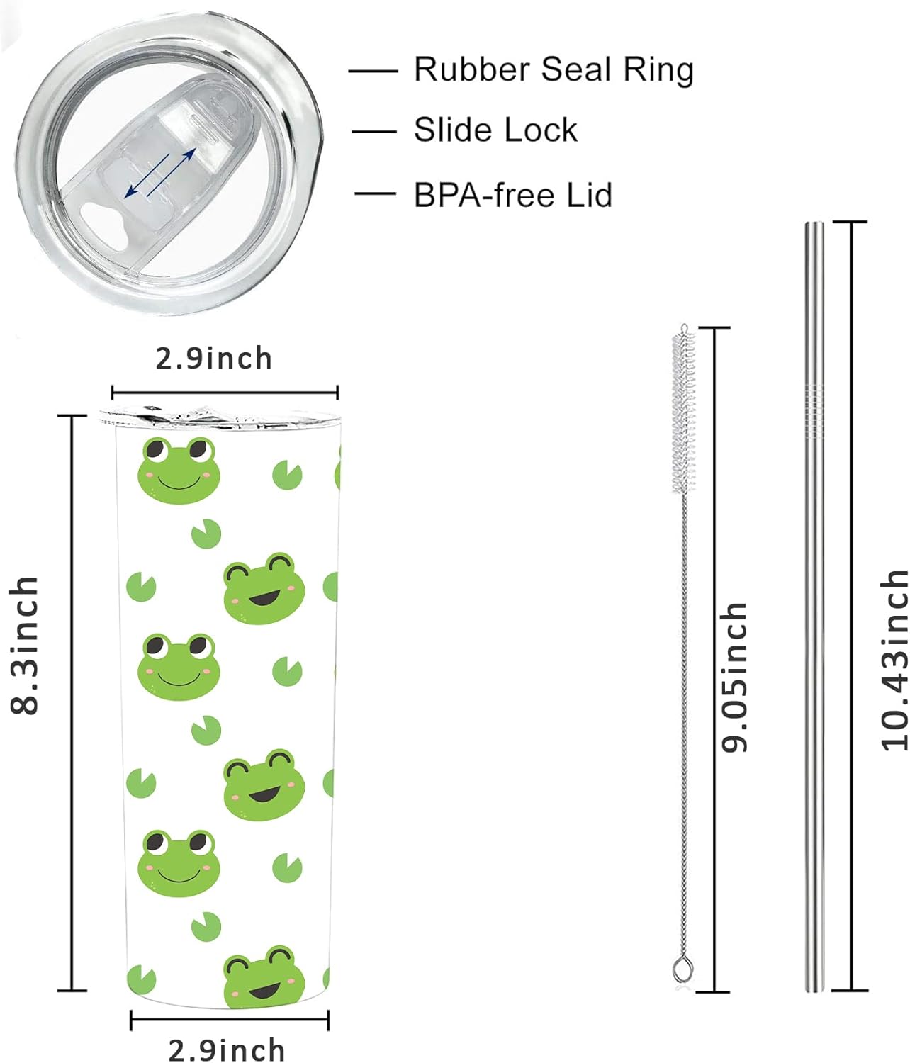 Cute Frog Skinny Tumblers with Lids and Straws, Christmas Gift Vacuum Insulated Stainless Steel Travel Tumbler Cups 20 OZ for Frog Lover - Image 2