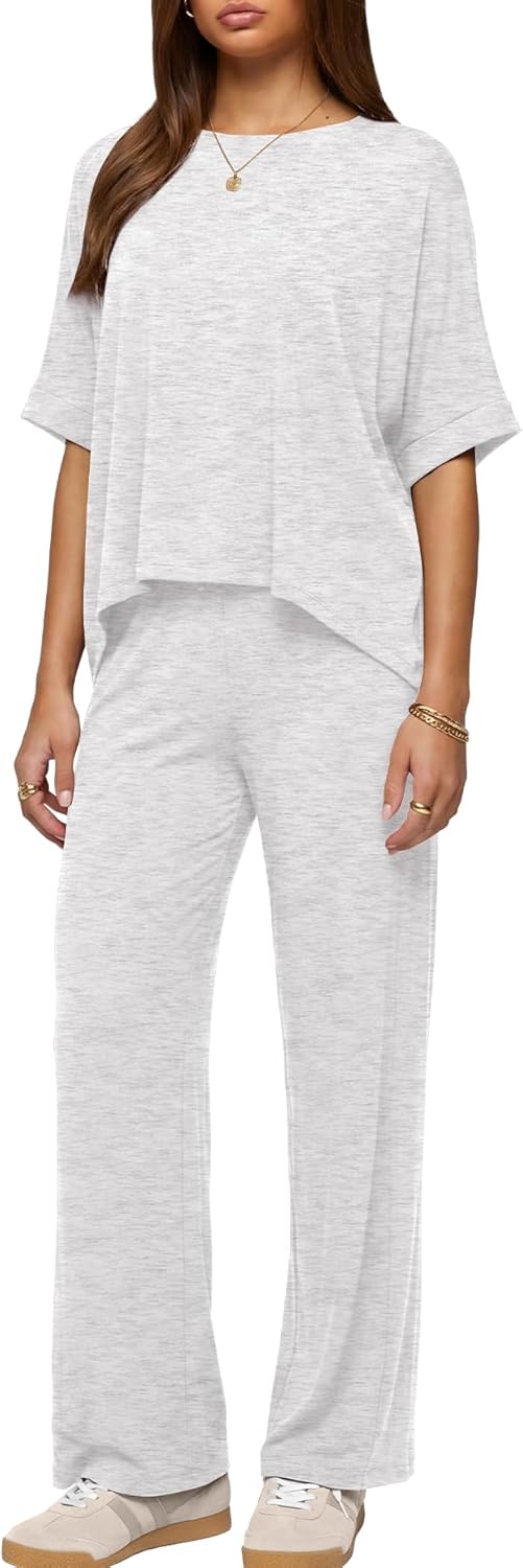 Darong Women's 2 Piece Outfits Matching Lounge Sets Short Sleeve Pullover Tops High Waisted Wide Leg Pants Tracksuit Sets - Image 4
