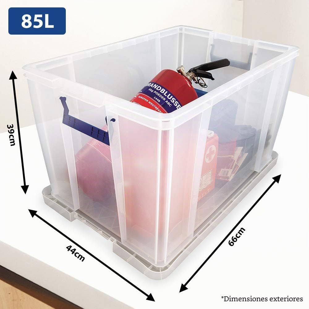 BANKERS BOX ProStore - Cajas de almacenamiento de plástico con tapa (85 L, apilables, superfuertes, 37,5 x 58 x 38,5 cm), fabricadas en el Reino Unido, transparentes