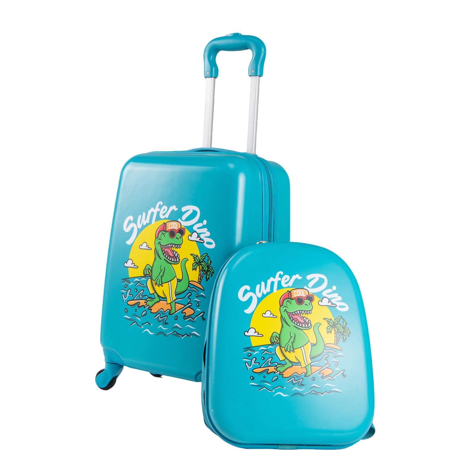 GYMAX 2 Pezzi Set Valigia per Bambini con Zaino, Trolley per Bambini con Ruote, Maniglia Telescopica, Valigia Leggera a Mano, Bagaglio per Aereo, Valigia per Ragazzi e Ragazze (Dinosauro)