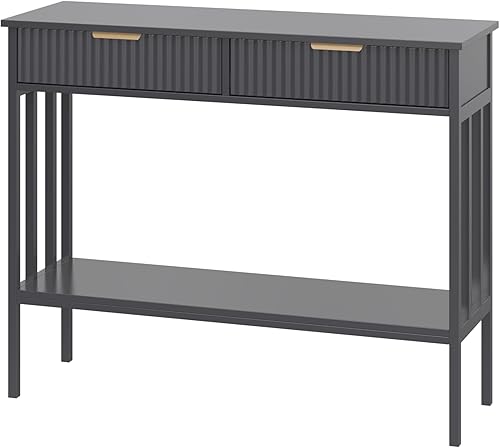 Mesa consola, mesa de entrada larga estrecha con estante de almacenamiento, mesa de entrada acanalada de 2 niveles con 2 cajones, para entrada, sala