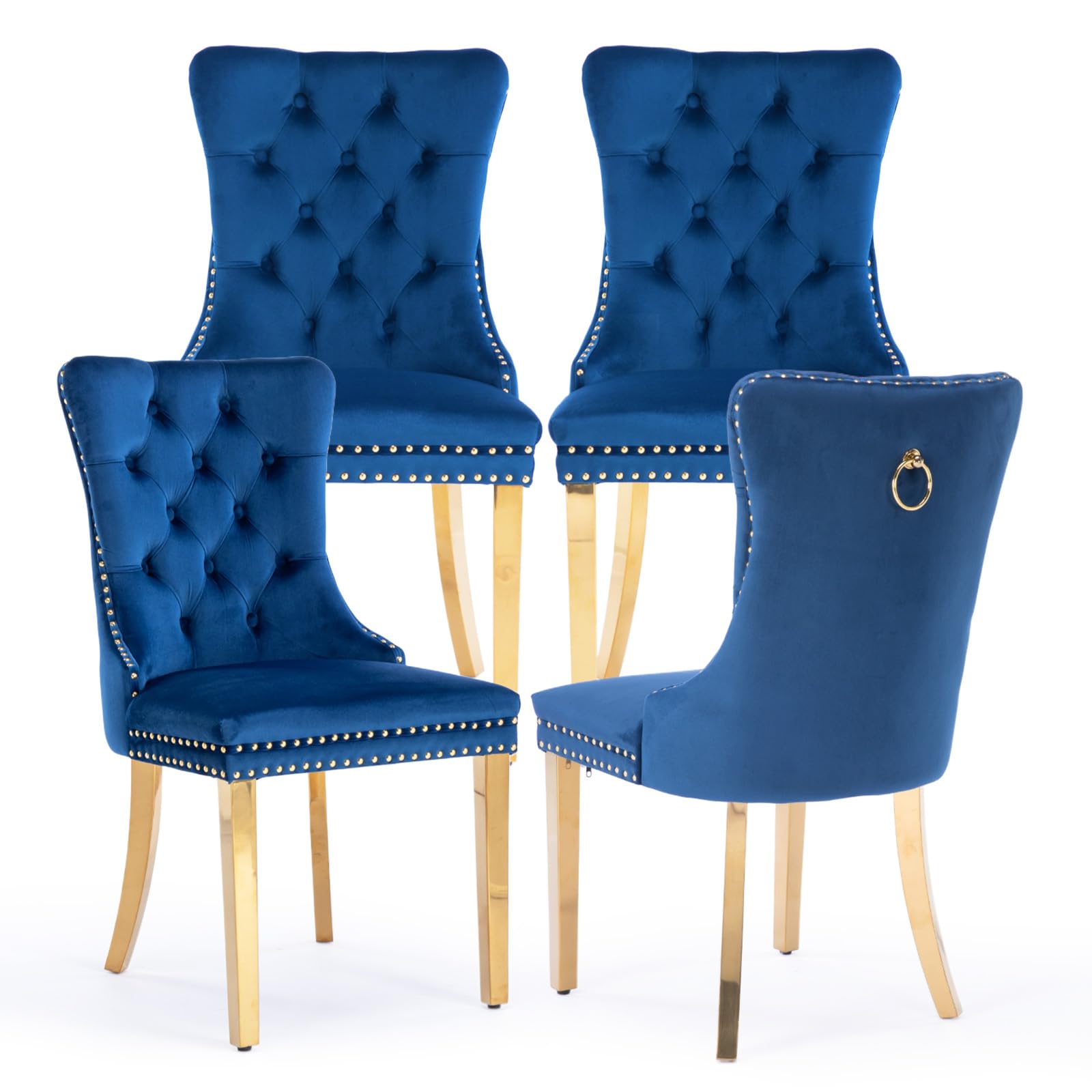 SoarTalent Velvet Upholstered Dining Chairs Set of 4, Modern Style Kitchen Side Chairs with Nailhead Trim and Gold Plated Leg, Metal Pulling Ring for