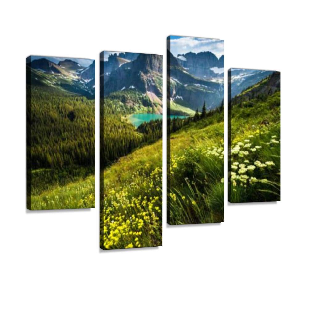 Grinnell Glacier Trail Canvas Print Artwork Wall Art Pictures Framed Digital Print Abstract Painting Room Home Office Decor Ready to Hang 4 Panel