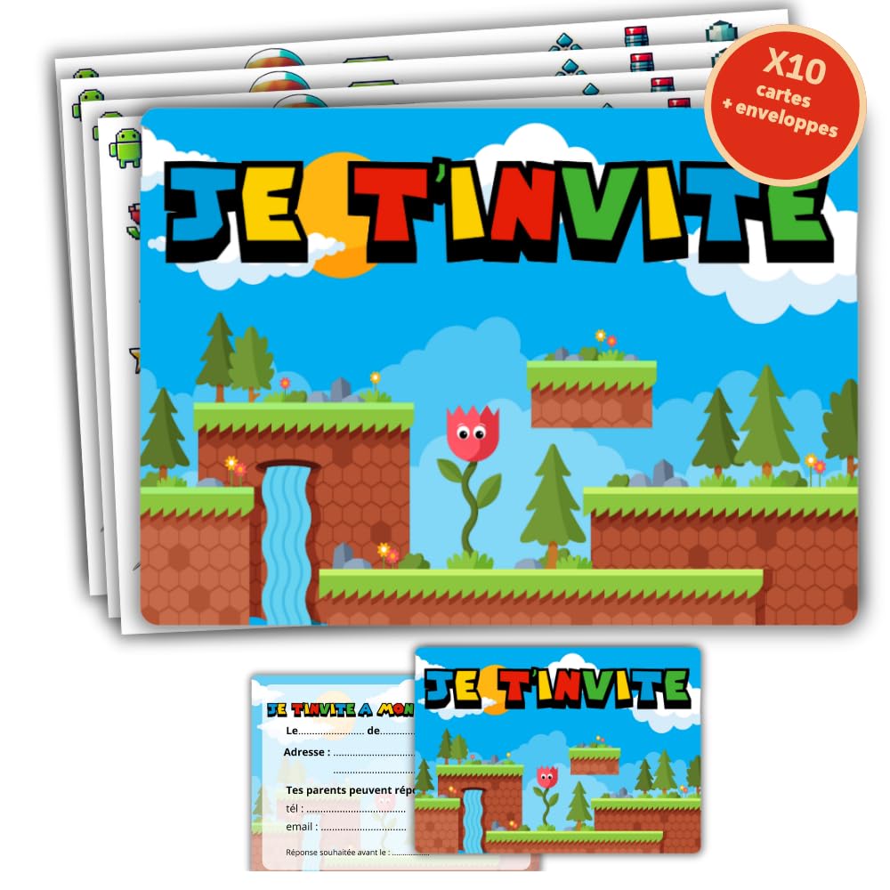 Roxisha Lot 10 Cartes Invitation Anniversaire Minecraft + Enveloppes – Thème Gamer Garçon Pré-remplies Françaises