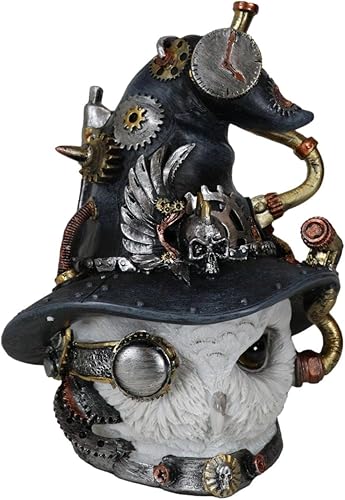 Miniatura 5 de Ebros Gift Pintado a mano engranajes mecánicos y tuberías engranados Steampunk búho con calavera alada Sombrero de bruja Figurita Nocturnal