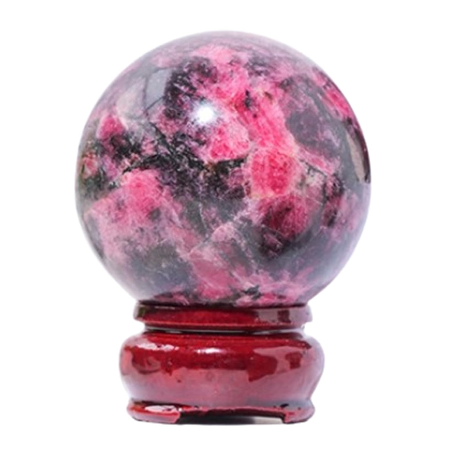 FOPURE Rhodonite Quartz Sphere with Wooden Stand, Feng Shui Crystal Stone Sculpture Home Office Decor Scrying Ball,9cm/3.5in