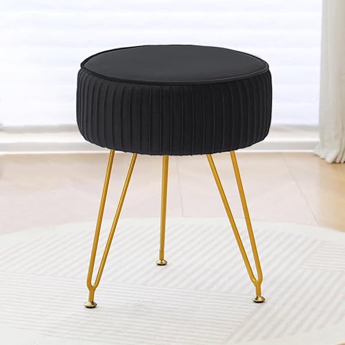 Taburete de tocador de piel sintética, taburete de maquillaje otomano peludo, taburete redondo tapizado con 4 patas de metal y pies ajustables para