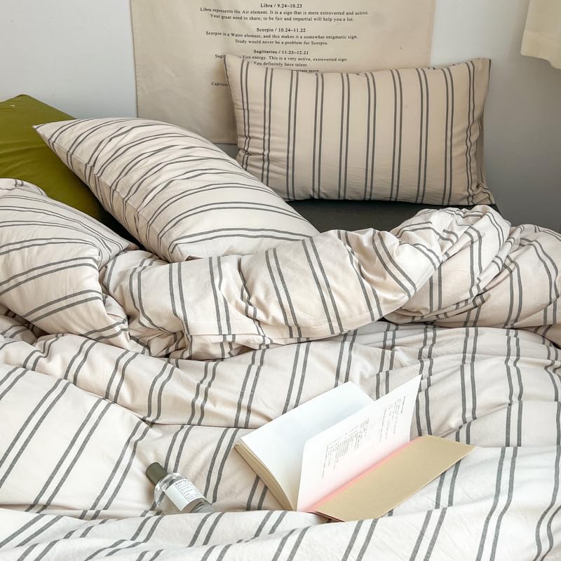 Image of Striped Duvet Cover Full Size Beige Grey Green Stripes Bedding Set 3pcs Vertical Ticking Stripes Pattern Soft Lightweight Microfiber Comforter Cover Set with Zipper Closure and 2 Pillowcases