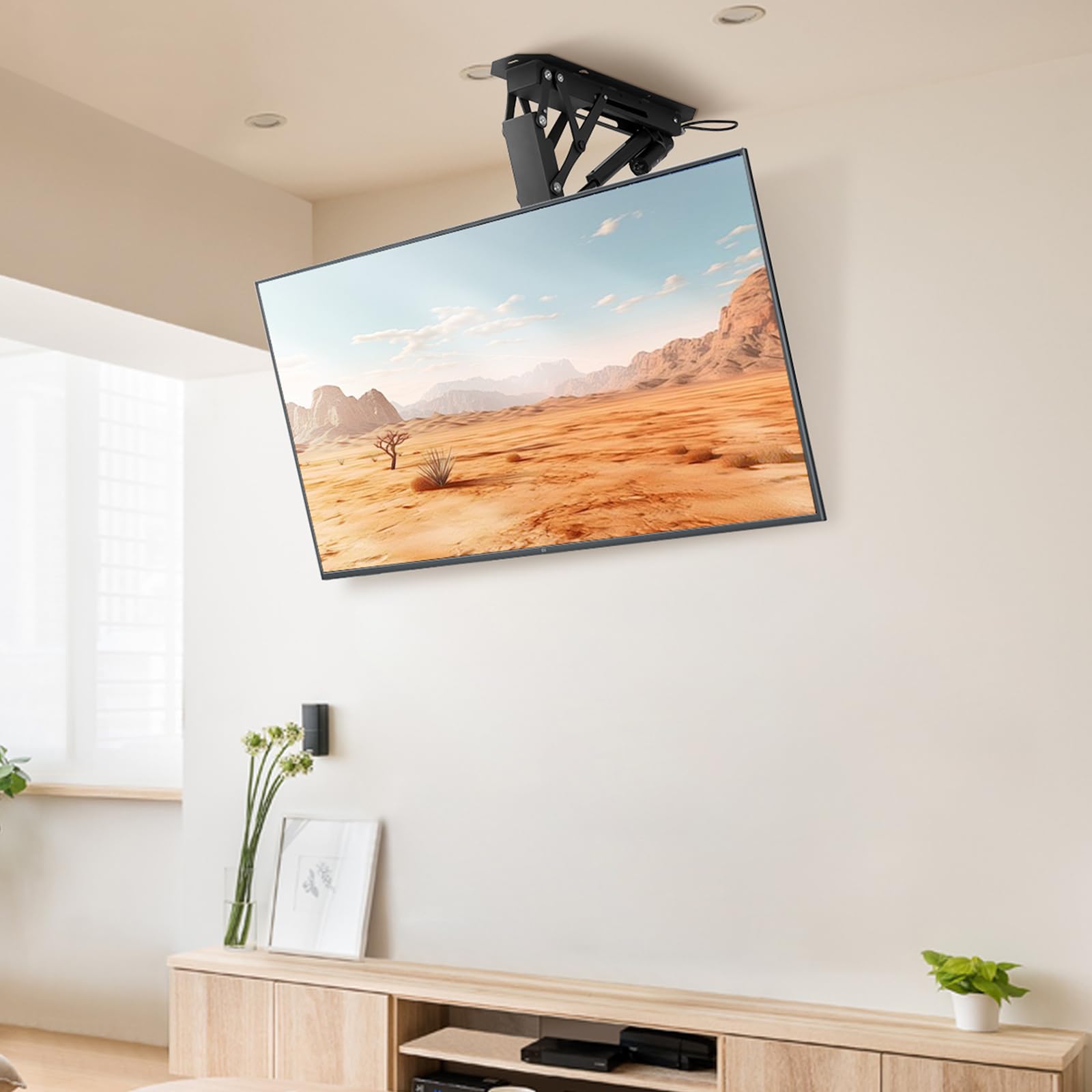 VEVOR Support TV Plafond Motorisé pour Écrans 32-65 pouces/81,3-165 cm, Fixation TV Réglable Électriquement, Accroche Téléviseur avec Capacité de Charge de 40 kg, Max. VESA 600x600 mm, Maison Bureau